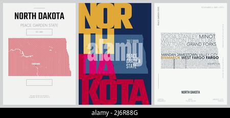 39 sur 50 ensembles, affiches de l'État des États-Unis avec nom et information dans 3 styles de design, carte détaillée de l'art vectoriel du Dakota du Nord Illustration de Vecteur