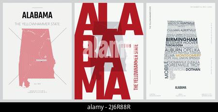 22 de 50 ensembles, US State Posters avec nom et information dans 3 Styles de design, détail vectoriel art imprimer carte Alabama Illustration de Vecteur