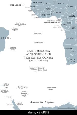 Carte politique grise des îles de l'Atlantique Sud. Îles et archipels entre l'Afrique et le Brésil, le Cap-Vert et la région antarctique. Banque D'Images