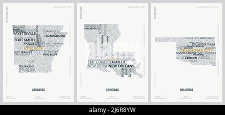 Composition typographique des noms de ville, silhouettes cartes des États d'Amérique, affiches vectorielles détaillées, Arkansas, Louisiane, Oklahoma Illustration de Vecteur