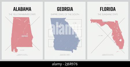 Affiches vectorielles cartes détaillées des silhouettes des États d'Amérique avec motif linéaire abstrait, Alabama, Géorgie, Floride Illustration de Vecteur
