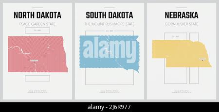 Affiches vectorielles cartes détaillées des silhouettes des États d'Amérique avec motif linéaire abstrait, Dakota du Nord, Dakota du Sud, Nebraska Illustration de Vecteur
