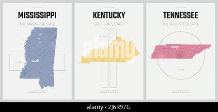 Affiches vectorielles cartes détaillées des silhouettes des États d'Amérique avec motif linéaire abstrait, Mississippi, Kentucky, Tennessee Illustration de Vecteur