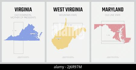 Affiches vectorielles cartes détaillées des silhouettes des États d'Amérique avec motif linéaire abstrait, Atlantique Sud - Virginie, Virginie occidentale, Maryland Illustration de Vecteur
