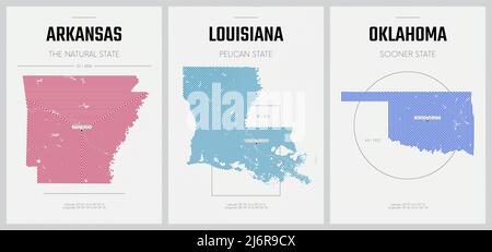 Affiches vectorielles cartes détaillées des silhouettes des États d'Amérique avec motif linéaire abstrait, Centre-Ouest du Sud - Arkansas, Louisiane, Oklahoma Illustration de Vecteur