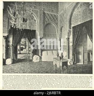 Photographie ancienne du salon de Maria de Padilla, Alcazar, Séville, Espagne 19th siècle Banque D'Images