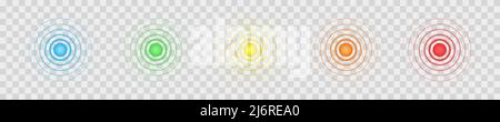 Signes concentriques bleu, vert, jaune, orange et rouge sur fond transparent. Symboles cibles. La douleur et la guérison, la douleur et les points de douleur. Icônes de radar, de son ou d'onde de sondeur. Illustration vectorielle Illustration de Vecteur