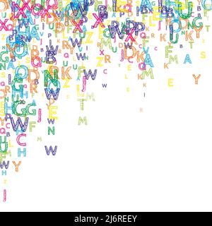Chute de lettres de langue anglaise. Mots volants de l'alphabet latin, tracés à la main et lumineux. Concept d'étude des langues étrangères. La bannière de rentrée est à l'affiche Illustration de Vecteur