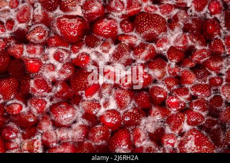 Gros plan de la gelée de fraise bouillant dans une casserole. Préparation de gelée de fraise, de marmelade ou de sauce à la fraise. Faire une confiture de fraises. Faire bouillir les fraises dans la poêle. Mise au point douce, gros plan Banque D'Images