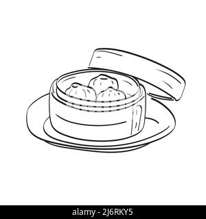 Boulonnage chinois dans une boîte de vapeur de bambou illustration vecteur dessiné à la main isolé sur fond blanc art de ligne Illustration de Vecteur