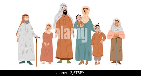 Famille arabe dans les vêtements traditionnels saoudiens. Les parents, grands-parents et enfants musulmans, les jeunes et les vieux personnages. Les Arabes portent une robe nationale, un dégel et un hijab, une illustration vectorielle plate linéaire Illustration de Vecteur