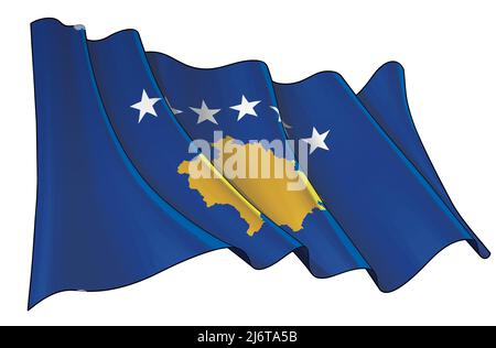 Illustration vectorielle d'un drapeau agitant du Kosovo. Tous les éléments sont soigneusement définis sur des couches et des groupes bien définis. Illustration de Vecteur