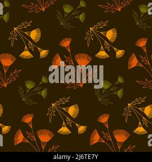 Motif biologique fleur jaune orange sur motif foncé sans couture, motif textile et illustration de l'emballage Banque D'Images