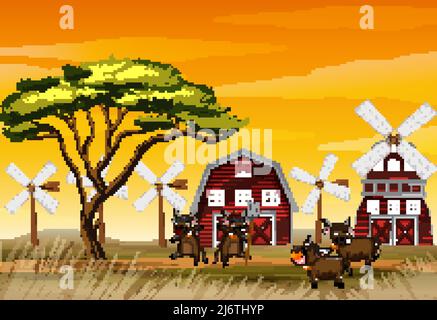 Scène de ferme avec illustration de vaches heureuses Illustration de Vecteur