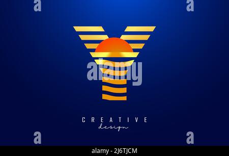 Logo lettre y avec lignes droites dorées et zigzag. Illustration vectorielle avec lignes de couleur ondulées et de coucher de soleil et demi-cercle. Illustration de Vecteur