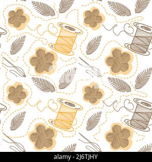 Motif sans couture de fil, d'aiguilles et de broderie, éléments de danige dessinés à la main dans un style d'esquisse. Fil à coudre, aiguille. Couture. Broderie. Fleurs an Illustration de Vecteur