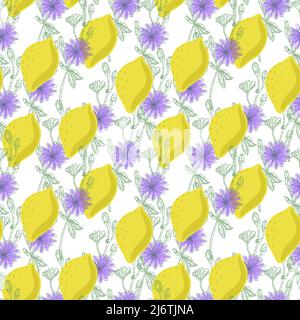 Un motif sans couture de citrons et de fleurs de chicorée, des éléments de croodle dessinés dans un style de dessin. Fleurs violettes et fruits au citron sur fond blanc. Illustration de Vecteur
