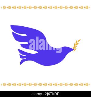 Dove of Peace – emblème simple dessiné à la main. Pigeon bleu et jaune avec Laurier. Illustration de Vecteur