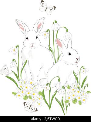 Joli lapin dans le jardin de Bloomy de printemps avec fleurs de Snowdrops et illustration vectorielle à dessin manuel de papillon isolée sur blanc. Carte à poster vintage délicat et romantique à imprimé nature. Illustration de Vecteur