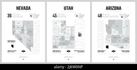 Silhouettes vectorielles très détaillées des cartes des États américains, Division États-Unis en comtés, subdivisions politiques et géographiques des États a, Mountain Illustration de Vecteur