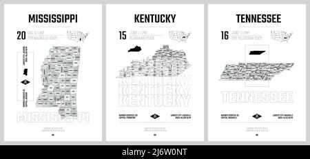 Silhouettes vectorielles très détaillées de cartes d'États des États-Unis, Division États-Unis en comtés, subdivisions politiques et géographiques des États a, East Sou Illustration de Vecteur