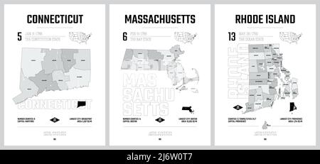 Silhouettes vectorielles très détaillées des cartes des États américains, Division États-Unis en comtés, subdivisions politiques et géographiques des États a, New Engl Illustration de Vecteur