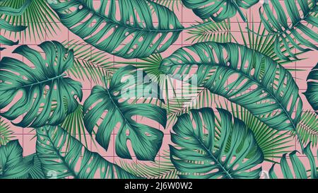 Motif coloré sans couture avec feuilles tropicales exotiques sur fond de carreaux carrés roses, composition botanique dans une illustration moderne et à la mode Illustration de Vecteur