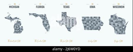 Ensemble vectoriel 6 des 10 silhouettes très détaillées de cartes d'état des États-Unis, divisé en comtés avec des noms et des surnoms de territoire Illustration de Vecteur