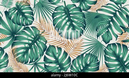 Motif sans couture avec des feuilles de monstère et de plantes tropicales vert vif sur un fond clair, composition vectorielle exotique tendance de collage contemporain Illustration de Vecteur