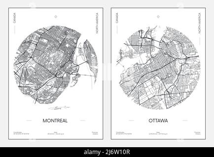 Affiche de voyage, plan urbain carte de la ville Montréal et Ottawa, illustration vectorielle Illustration de Vecteur