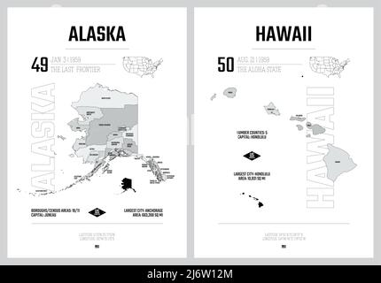 Silhouettes vectorielles très détaillées des cartes des États américains, Division États-Unis en comtés, subdivisions politiques et géographiques des États a, Pacifique Illustration de Vecteur