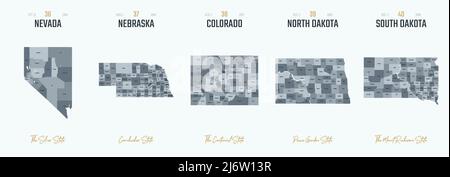Ensemble vectoriel 8 des 10 silhouettes très détaillées de cartes d'état des États-Unis, divisé en comtés avec des noms et des surnoms de territoire Illustration de Vecteur