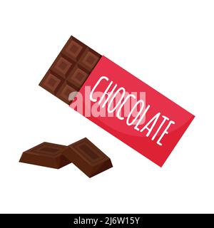 Chocolat dans le paquet et carrés, morceaux de chocolat. Aliments sucrés et malsains. Sucreries, desserts, gâteries. Illustration à vecteur de couleur dans les dessins animés Illustration de Vecteur