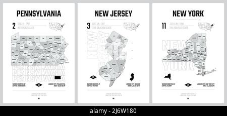 Silhouettes vectorielles très détaillées des cartes des États américains, Division États-Unis en comtés, subdivisions politiques et géographiques des États a, Mid-Atla Illustration de Vecteur