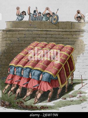 Empire romain. Légions romaines dans la formation de testudo ou de tortue. Gravure par Capuz. Coloration ultérieure. Historia général de España par le Père Mariana. Madrid, 1852. Auteur: Tomás Carlos Capuz (1834-1899). Graveur espagnol. Banque D'Images