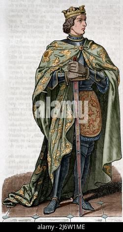 Pierre I de Castille (1334-1369) a appelé le cruel ou le juste. Roi de Castille et Léon de 1350 à 1369. Portrait. Gravure. Coloration ultérieure. Historia général de España par le Père Mariana. Madrid, 1852. Banque D'Images