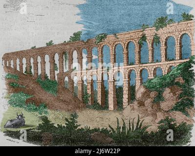 Espagne, Catalogne. Aqueduc de Tarragone, également connu sous le nom de Pont de Ferreres ou Pont del Diable. Il a été construit à l'époque de l'empereur Auguste (63 BC-14 AC) pour fournir de l'eau à la ville de Tarragone, à partir de la rivière Francolí voisine. Illustration par Urrabieta. Gravure par Cibera. Coloration ultérieure. Historia général de España Père Mariana. Madrid, 1852. Auteur: Urrabieta. Artiste espagnol du 19th siècle. Ildefonso Cibera. Graveur espagnol du 19th siècle. Banque D'Images