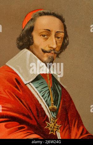 Cardinal de Richelieu (Armand Jean du Plessis) (1585-1642). Religieux et homme d'État français. Le ministre en chef du roi Louis XIII Portrait, détail. Chromolithography. Historia Universal, par César Cantú. Volume VIII Publié à Barcelone, 1886. Banque D'Images