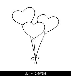 Trois ballons en forme de coeur. Élément décoratif pour la Saint-Valentin. Un objet de conception de contour simple est dessiné à la main et isolé sur blanc. Illustration de Vecteur