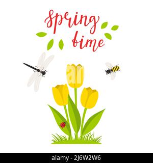Une buisson de tulipes jaunes et une inscription calligraphique - heure du printemps. Lettrage à la main. Le concept d'une carte postale printemps, été avec une illust botanique Illustration de Vecteur