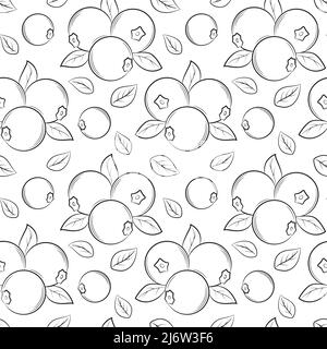 Motif sans couture avec bleuets et feuilles. Les éléments linéaires simples dessinés à la main en noir et blanc sont isolés sur un fond transparent. Pour les desi Illustration de Vecteur