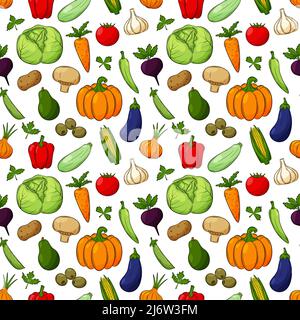 Motif sans couture avec différents légumes. Les éléments linéaires colorés dessinés à la main avec un contour sont isolés sur un arrière-plan transparent. Pour la recherche Illustration de Vecteur