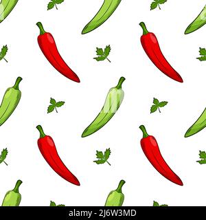 Motif sans couture avec poivrons et persil. Motif d'été vif et juteux avec légumes. Les éléments de couleur dans le style linéaire sont isolés. Pour les des Illustration de Vecteur