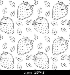 Motif sans couture avec fraises et feuilles. Les éléments linéaires noirs et blancs dessinés à la main sont isolés sur un fond transparent. Pour la conception de Illustration de Vecteur