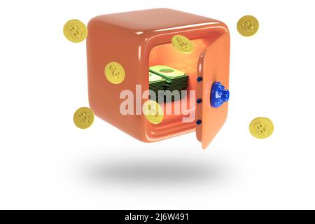 Coffre-fort avec de l'argent et des dollars. Icônes du coffre-fort pour la banque. Coffre-fort avec verrou. Protection, concept de sécurité. 3D rendu Banque D'Images