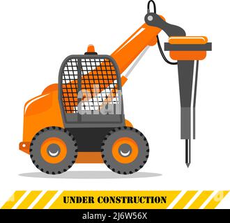 Illustration détaillée d'une voiture avec marteau hydraulique. Concasseur hydraulique. Machine de construction lourde. Équipement lourd et machines. Illustration de Vecteur