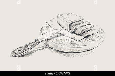 Couteau à beurre sur une planche à découper. Illustration du vecteur de cuisson dessiné à la main. Esquisse de cuisine. Petit déjeuner Illustration de Vecteur