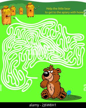 Illustration vectorielle avec casse-tête, labyrinthe. Aider le petit ours à se rendre à l'apiaire avec du miel Illustration de Vecteur