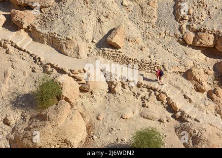 Randonneur dans la réserve naturelle de Nahal Arugot, Ein Gedi, Israël Banque D'Images