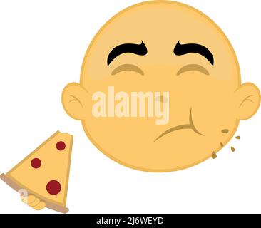 Illustration vectorielle de la face d'un caractère jaune et chauve, manger une pizza Illustration de Vecteur